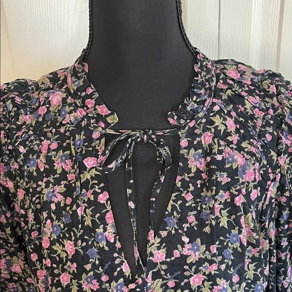 Free People Meant To Be Black Floral Cotton Puff Sleeve Top Small Cottagecore